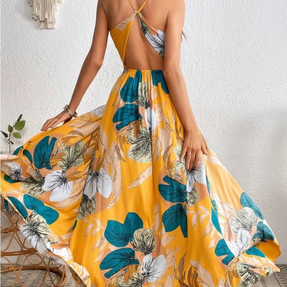 SHEIN VCAY Tropical Print Split Thigh Cami Dress